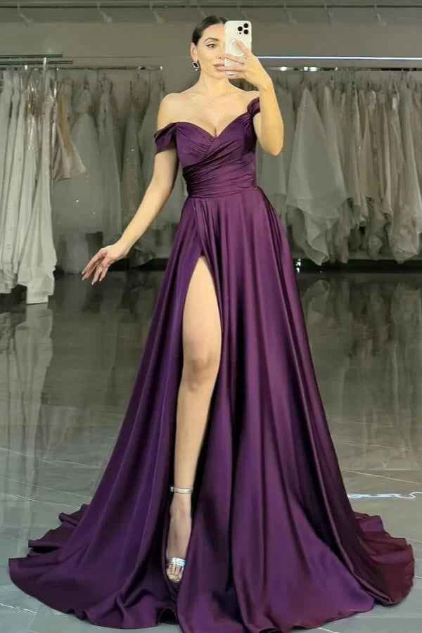 Grape Long Satin Prom Dress with Slit Long Wedding Party Gown simple gentle atmospheric and unique desi Bring summer colors to enhance whiteness by YiHuiw