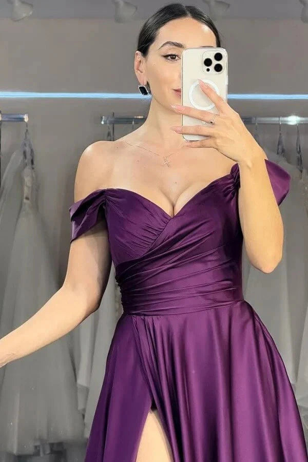 Grape Long Satin Prom Dress with Slit Long Wedding Party Gown simple gentle atmospheric and unique desi Bring summer colors to enhance whiteness by YiHuiw
