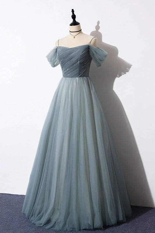 Gray Blue Spaghetti Strap Tulle Floor Length Prom Dress Off Shoulder Evening Party Dress simple gentle atmospheric and unique desi Bring summer colors to enhance white by YiHuiw