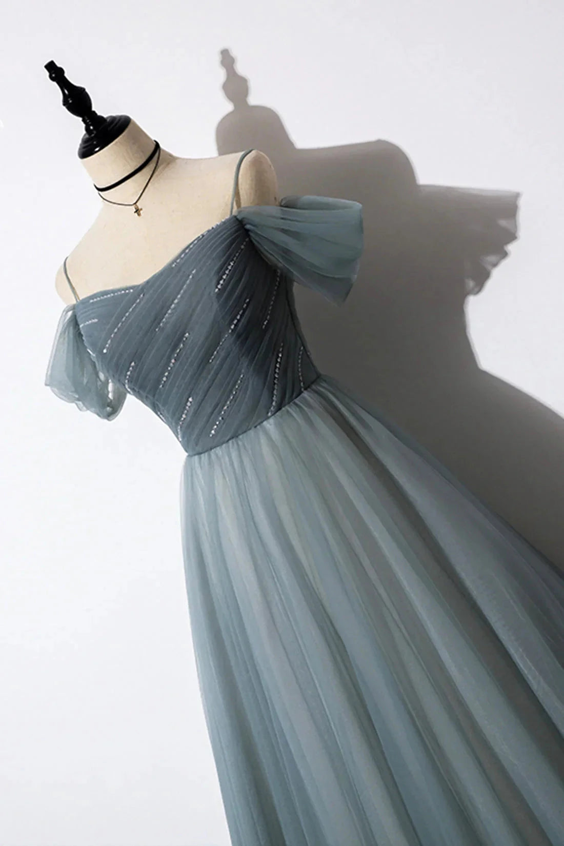 Gray Blue Spaghetti Strap Tulle Floor Length Prom Dress Off Shoulder Evening Party Dress simple gentle atmospheric and unique desi Bring summer colors to enhance white by YiHuiw
