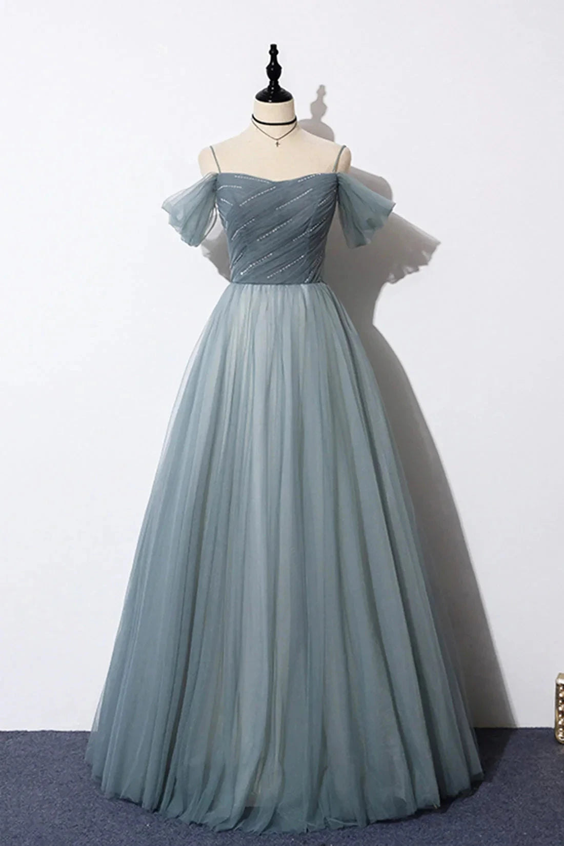Gray Blue Spaghetti Strap Tulle Floor Length Prom Dress Off Shoulder Evening Party Dress simple gentle atmospheric and unique desi Bring summer colors to enhance white by YiHuiw