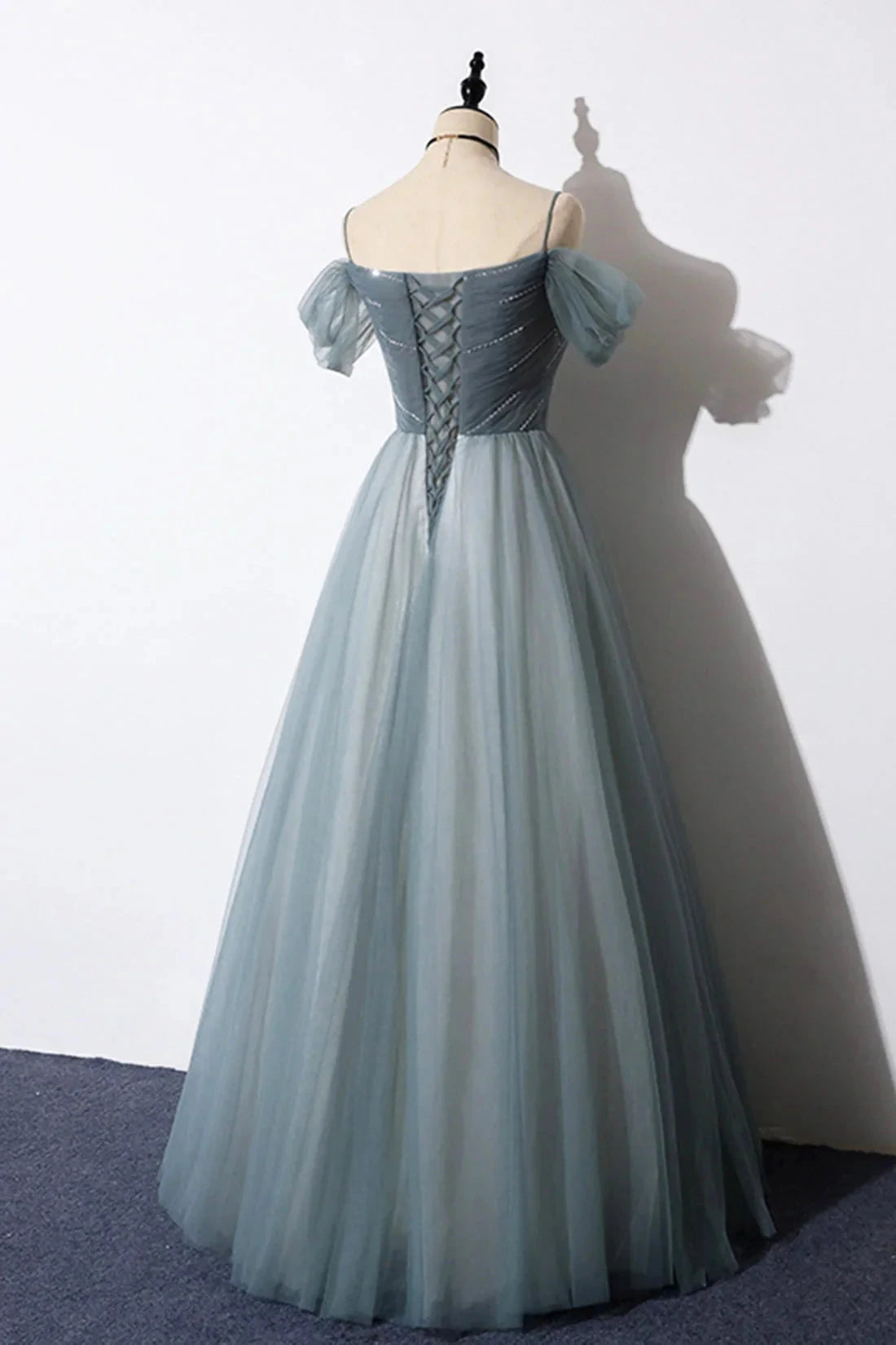 Gray Blue Spaghetti Strap Tulle Floor Length Prom Dress Off Shoulder Evening Party Dress simple gentle atmospheric and unique desi Bring summer colors to enhance white by YiHuiw