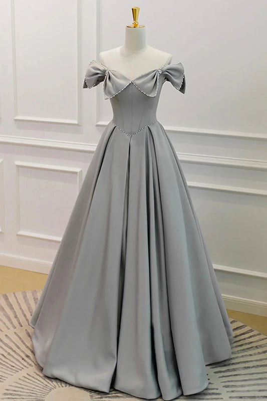 Gray Satin Floor Length Formal Dress with Pearls Cute A-Line Prom Dress simple gentle atmospheric and unique desi Bring summer colors to enhance white by YiHuiw