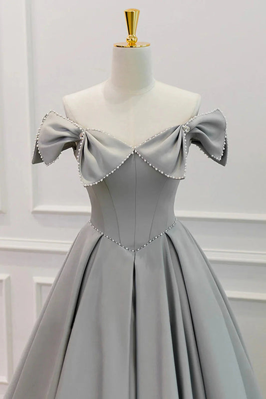 Gray Satin Floor Length Formal Dress with Pearls Cute A-Line Prom Dress simple gentle atmospheric and unique desi Bring summer colors to enhance white by YiHuiw