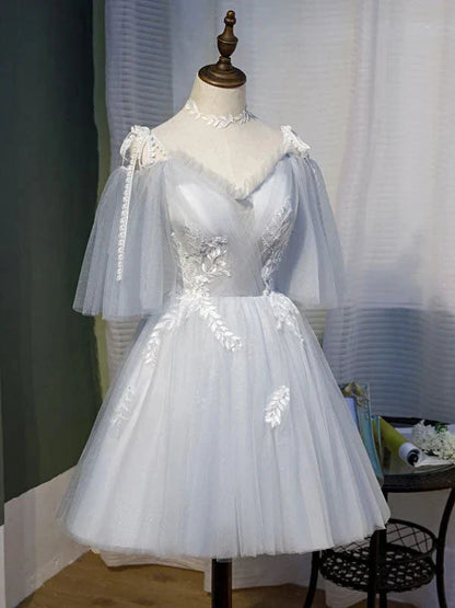 Gray tulle lace short prom dress gray tulle homecoming dress simple gentle atmospheric and unique desi Bring summer colors to enhance whiteness by YiHuiw