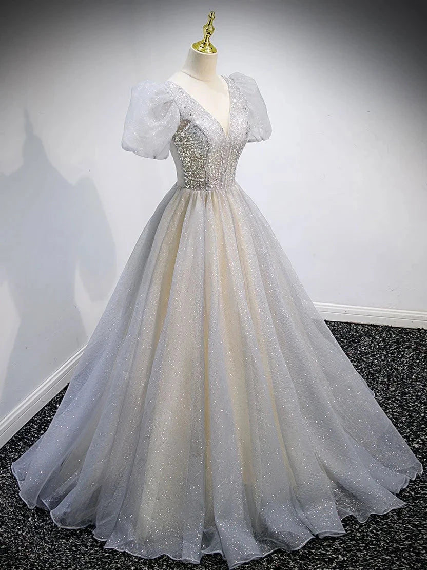 Gray v neck tulle sequin long prom dress gray tulle formal dress simple gentle atmospheric and unique desi Bring summer colors to enhance whitenes by YiHuiw
