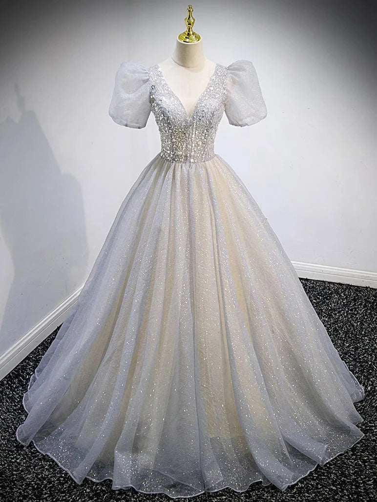 Gray v neck tulle sequin long prom dress gray tulle formal dress simple gentle atmospheric and unique desi Bring summer colors to enhance whitenes by YiHuiw