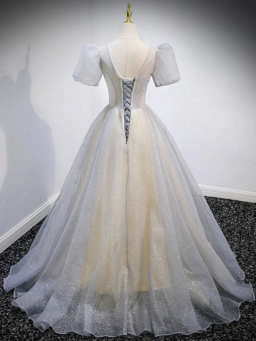 Gray v neck tulle sequin long prom dress gray tulle formal dress simple gentle atmospheric and unique desi Bring summer colors to enhance whitenes by YiHuiw