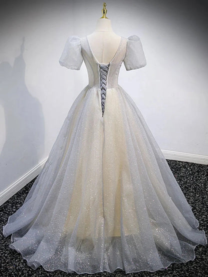 Gray v neck tulle sequin long prom dress gray tulle formal dress simple gentle atmospheric and unique desi Bring summer colors to enhance whitenes by YiHuiw