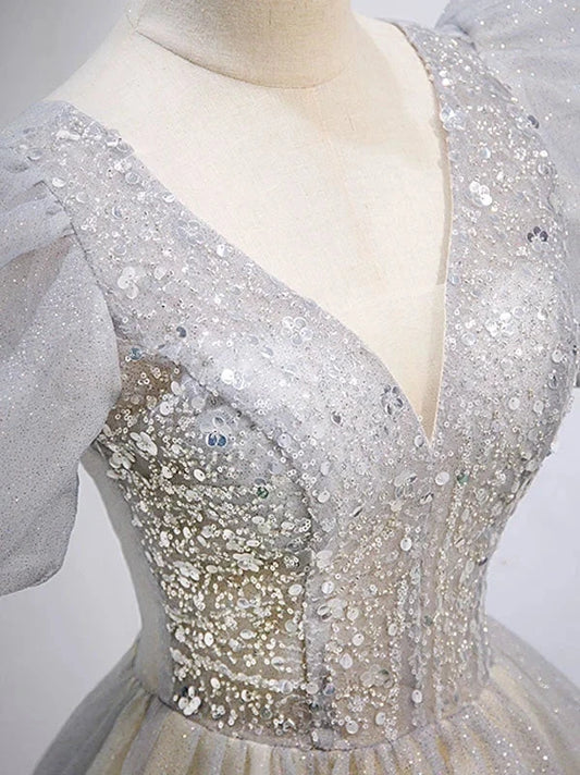 Gray v neck tulle sequin long prom dress gray tulle formal dress simple gentle atmospheric and unique desi Bring summer colors to enhance whitenes by YiHuiw