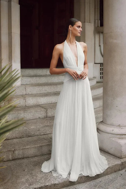 Grecian-Inspired Pleated Chiffon Halter Deep-V Open-Back Train Wedding Dress by YiHuiw
