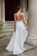 Grecian-Inspired Pleated Chiffon Halter Deep-V Open-Back Train Wedding Dress by YiHuiw