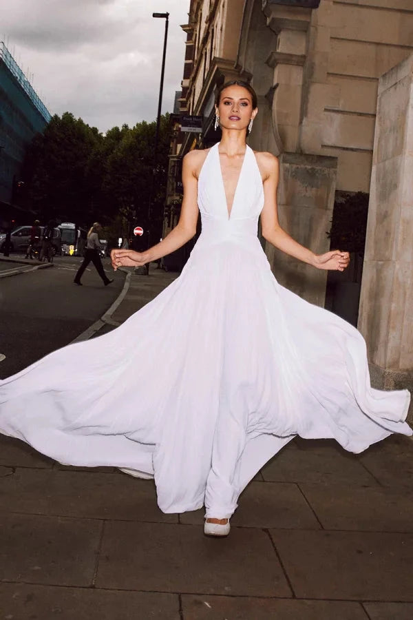 Grecian-Inspired Pleated Chiffon Halter Deep-V Open-Back Train Wedding Dress by YiHuiw