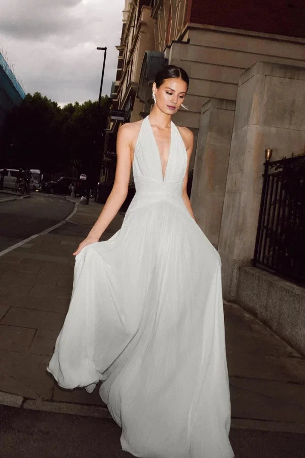 Grecian-Inspired Pleated Chiffon Halter Deep-V Open-Back Train Wedding Dress by YiHuiw
