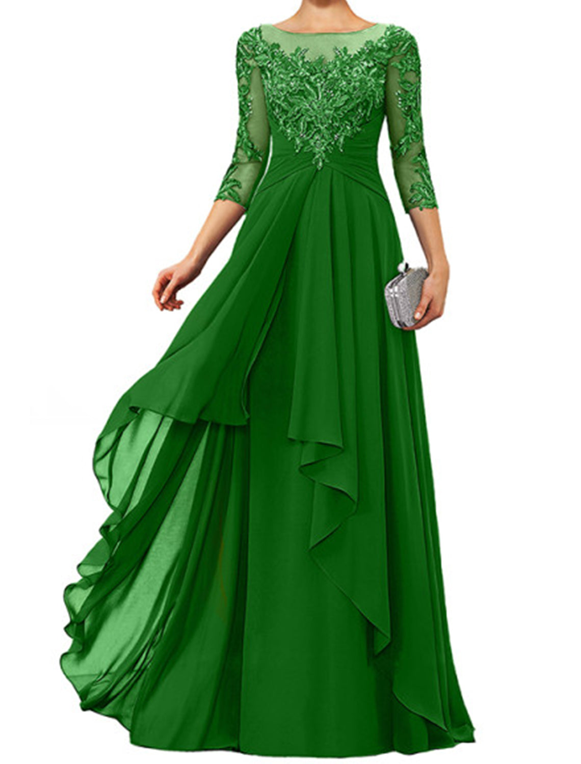 Sheath / Column Mother of the Bride Dress Elegant Jewel Neck Floor Length Chiffon Lace 3/4 Length Sleeve with Appliques by YiHuiw