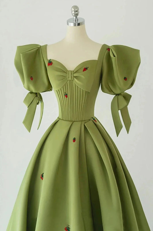 Green A-Line Long Prom Dress Strawberry Lace Lovely Short Sleeve Evening Dress simple gentle atmospheric and unique desi Bring summer colors to enhance whitenes by YiHuiw