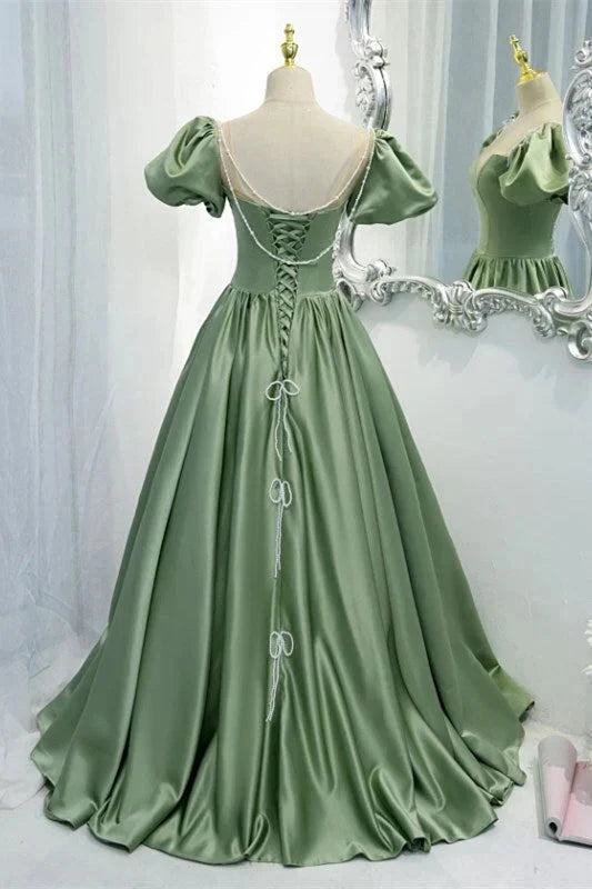 Green A-line Long Formal Gown Satin Prom Dresses simple gentle atmospheric and unique desi Bring summer colors to enhance whiteness by YiHuiw