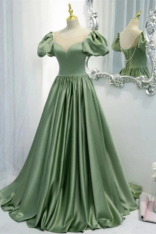 Green A-line Long Formal Gown Satin Prom Dresses simple gentle atmospheric and unique desi Bring summer colors to enhance whiteness by YiHuiw