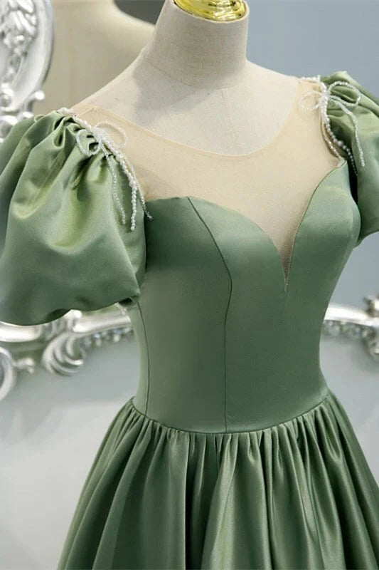 Green A-line Long Formal Gown Satin Prom Dresses simple gentle atmospheric and unique desi Bring summer colors to enhance whiteness by YiHuiw