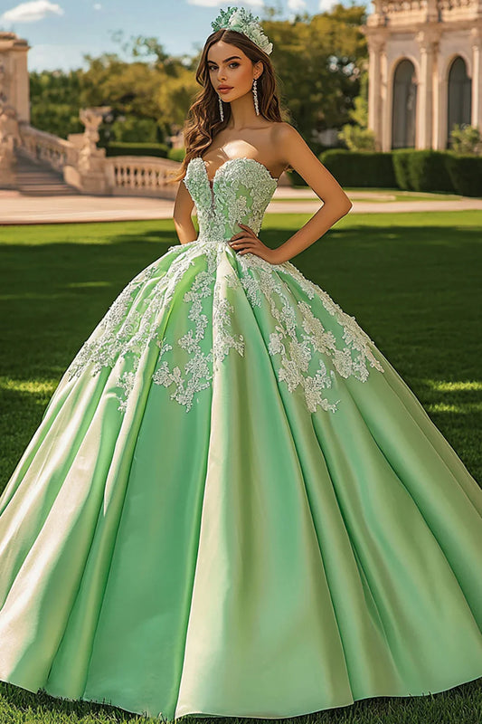 Sage Green Strapless Ball Gown Prom Dress with Floral Lace Appliques and Satin Skirt