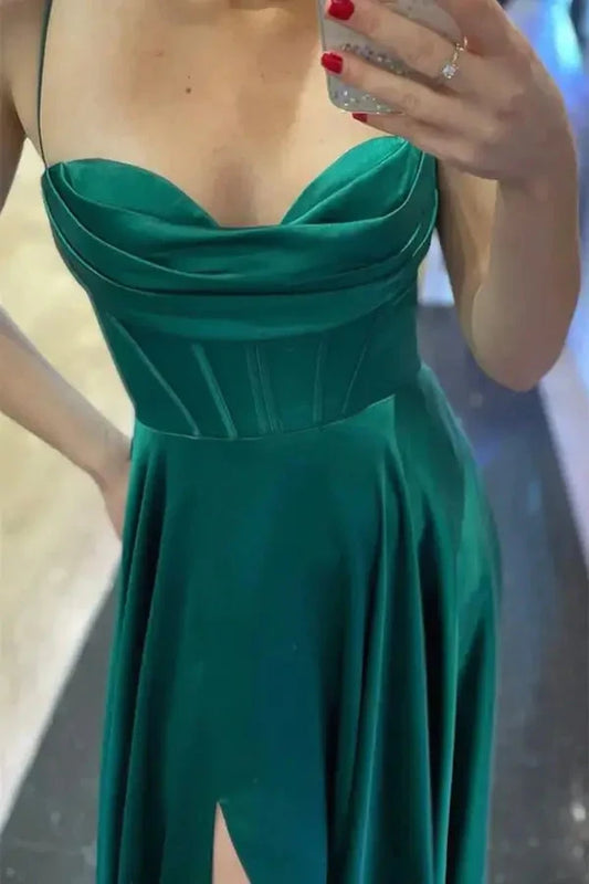 Green Prom Dresses Long,Split Satin Party Dresses for women,Graduation Dress simple gentle atmospheric and unique desi Bring summer colors to enhance whiteness by YiHuiw