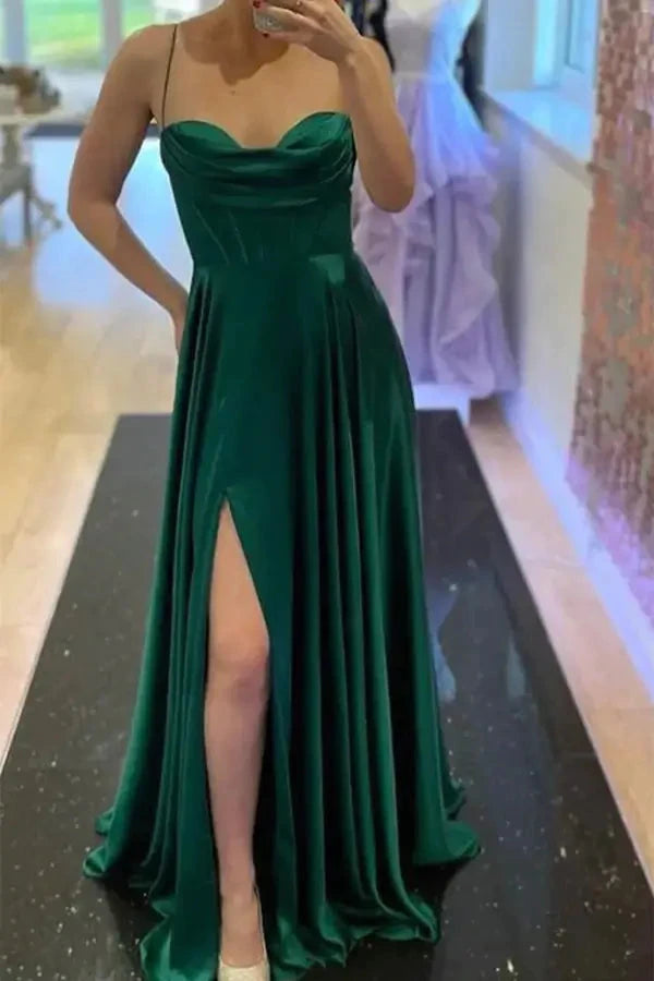 Green Prom Dresses Long,Split Satin Party Dresses for women,Graduation Dress simple gentle atmospheric and unique desi Bring summer colors to enhance whiteness by YiHuiw
