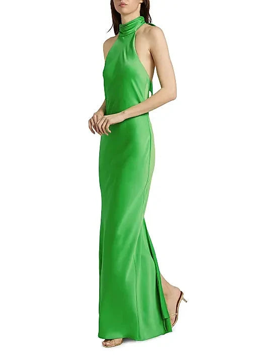Green Satin Halter Neck Evening Gown Open Back Sleeveless High neck with selfie closure Evening Dress by YiHuiw