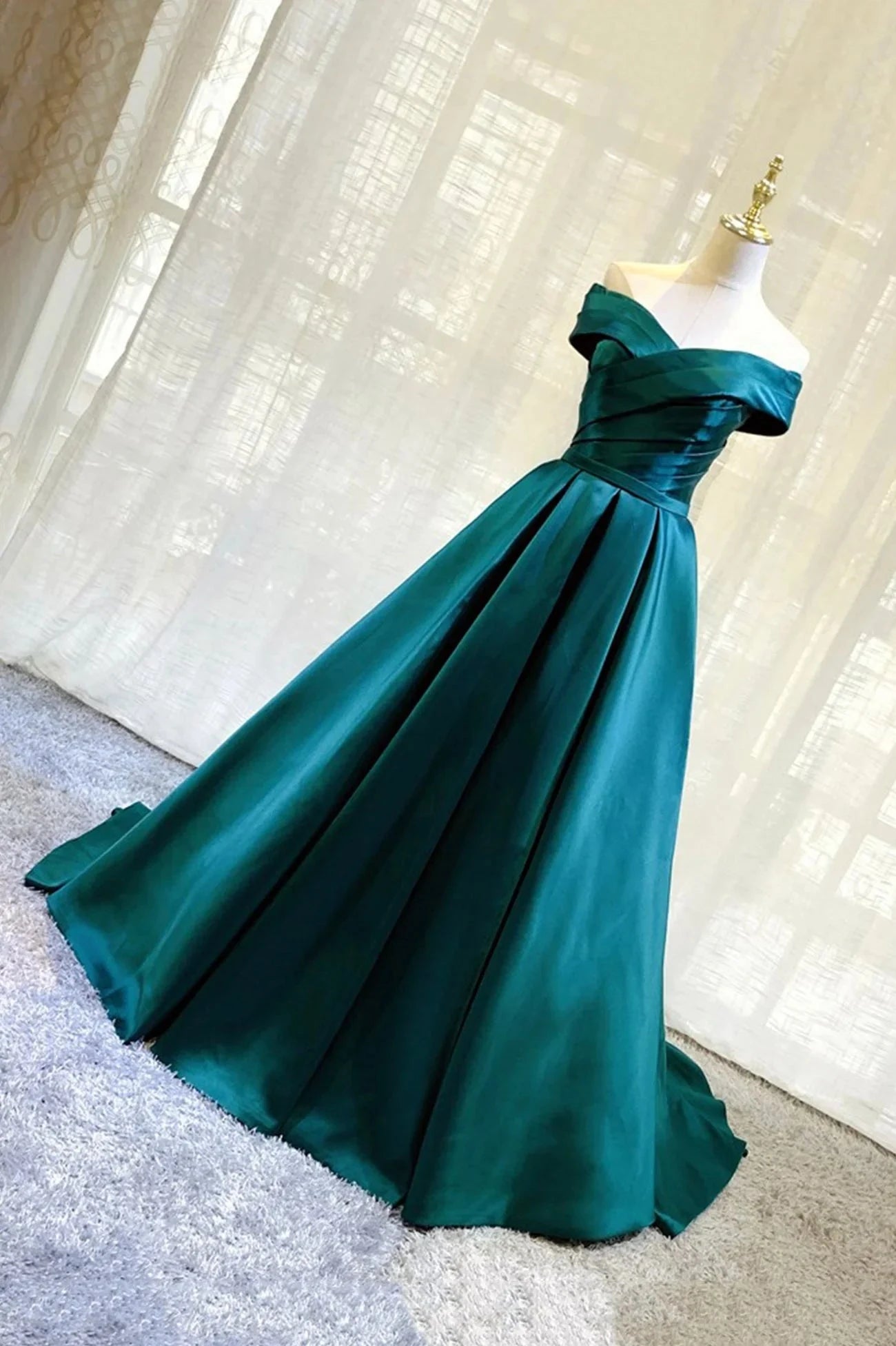 Green Satin Long A-Line Prom Dress Simple Off the Shoulder Evening Dress simple gentle atmospheric and unique desi Bring summer colors to enhance whitenes by YiHuiw