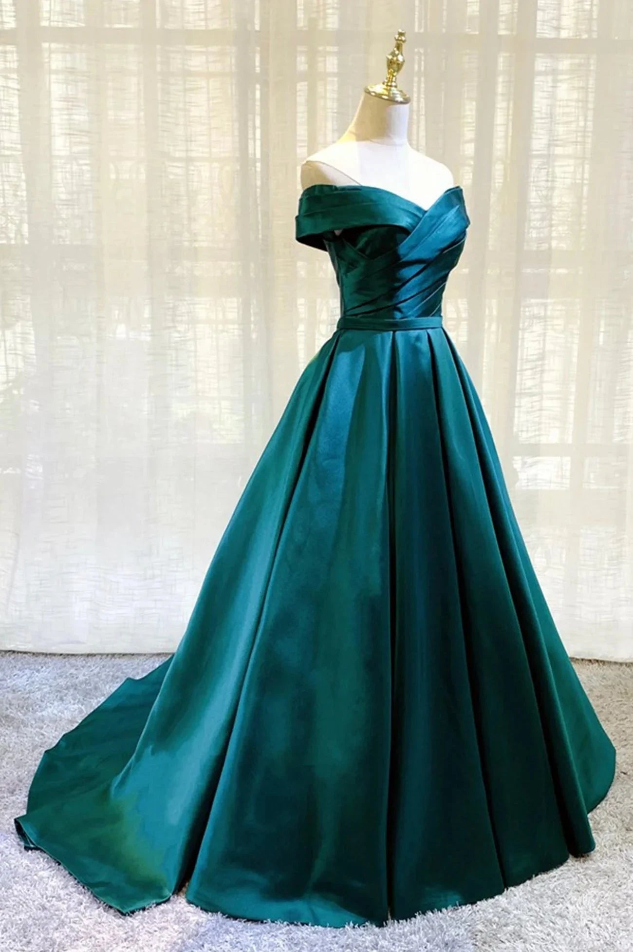 Green Satin Long A-Line Prom Dress Simple Off the Shoulder Evening Dress simple gentle atmospheric and unique desi Bring summer colors to enhance whitenes by YiHuiw