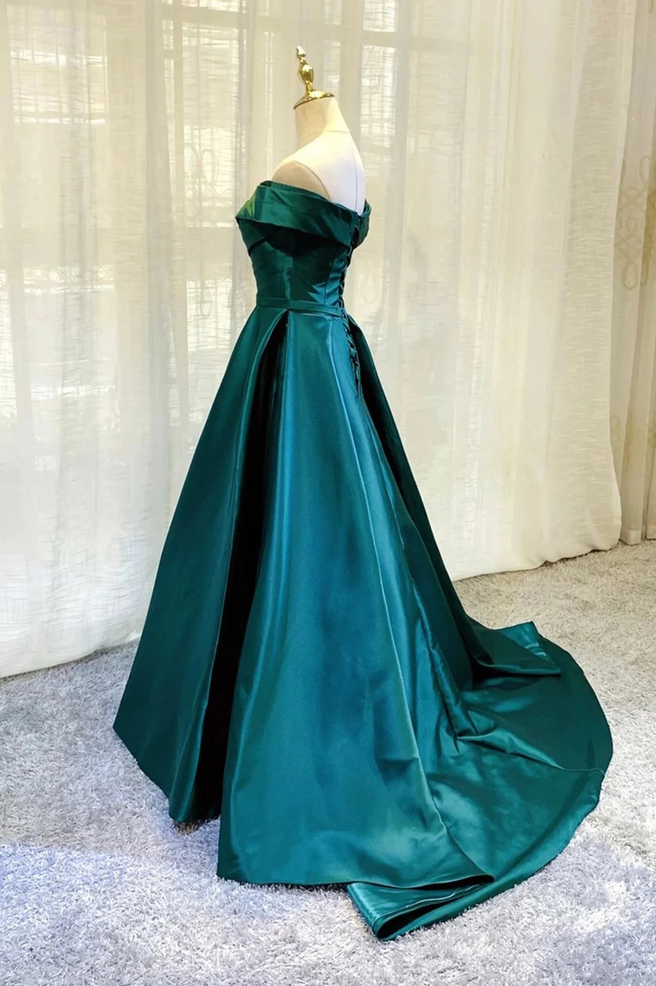 Green Satin Long A-Line Prom Dress Simple Off the Shoulder Evening Dress simple gentle atmospheric and unique desi Bring summer colors to enhance whitenes by YiHuiw