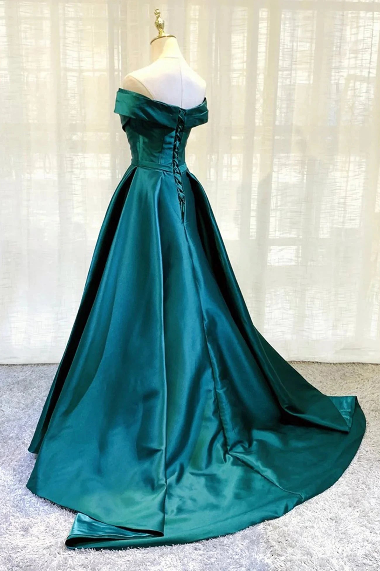 Green Satin Long A-Line Prom Dress Simple Off the Shoulder Evening Dress simple gentle atmospheric and unique desi Bring summer colors to enhance whitenes by YiHuiw