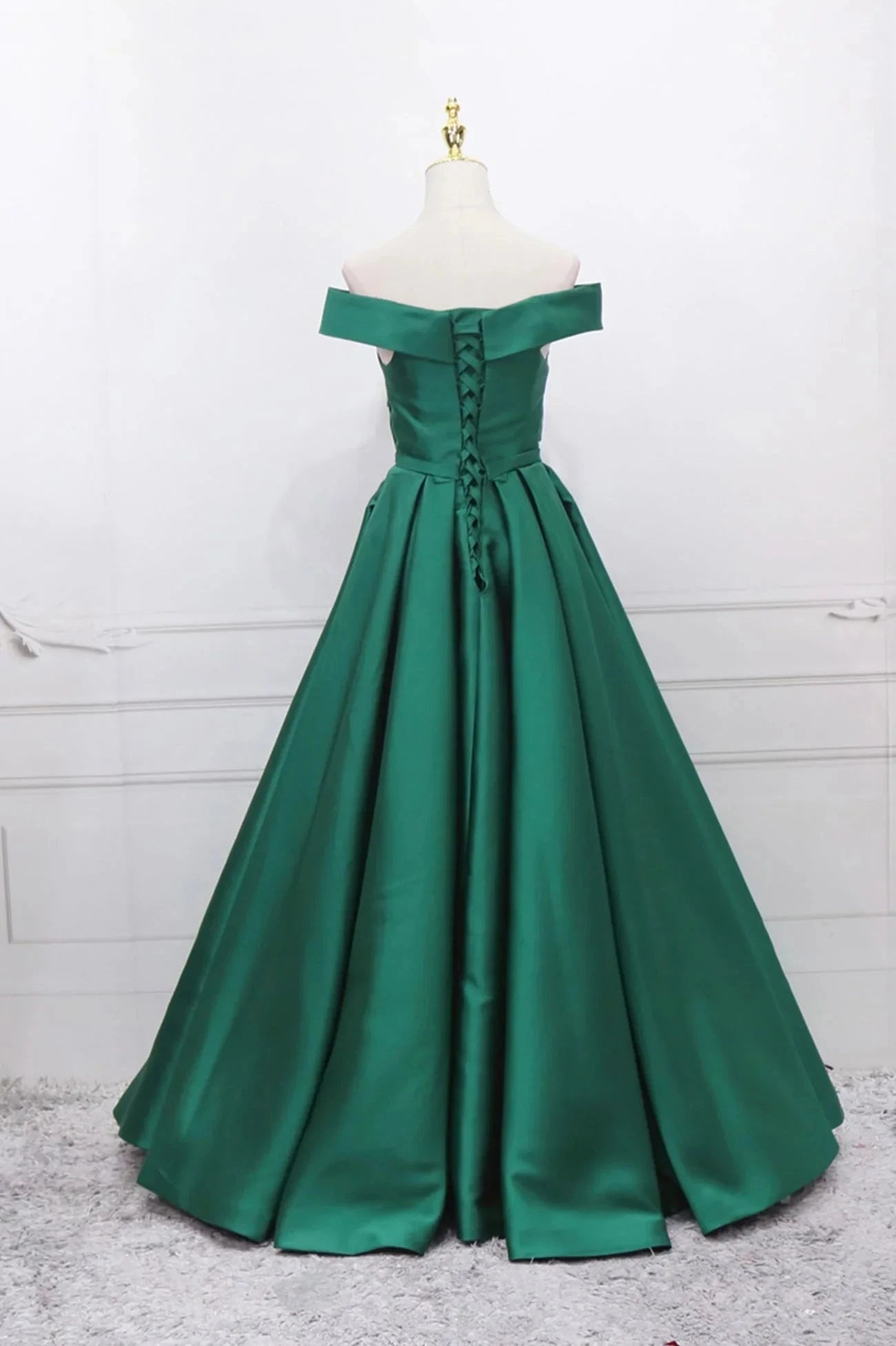 Green Satin Long A-Line Prom Dress V-Neck Off the Shoulder Evening Dress simple gentle atmospheric and unique desi Bring summer colors to enhance whitenes by YiHuiw