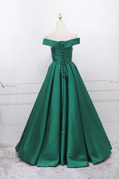 Green Satin Long A-Line Prom Dress V-Neck Off the Shoulder Evening Dress simple gentle atmospheric and unique desi Bring summer colors to enhance whitenes by YiHuiw