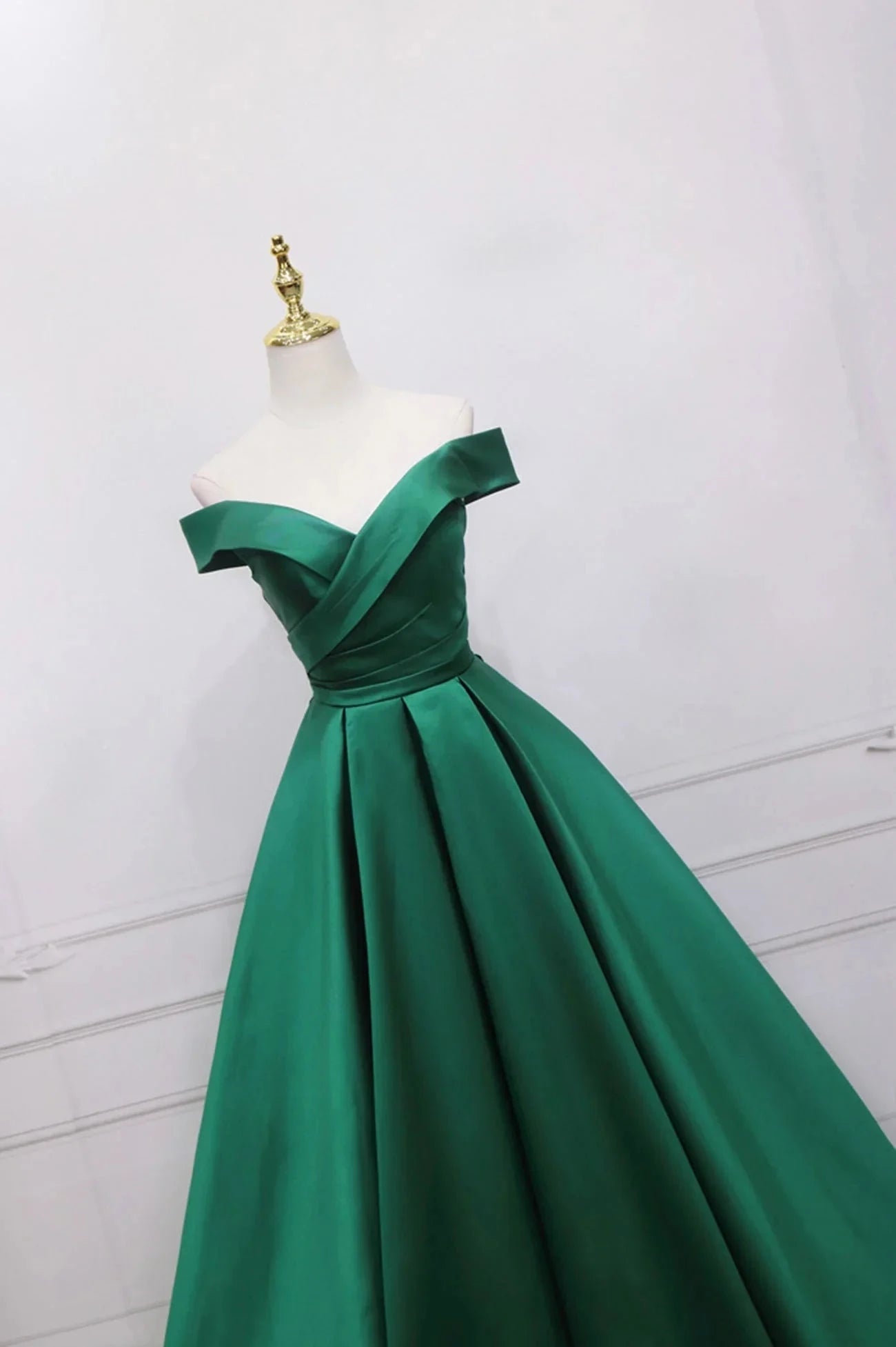 Green Satin Long A-Line Prom Dress V-Neck Off the Shoulder Evening Dress simple gentle atmospheric and unique desi Bring summer colors to enhance whitenes by YiHuiw