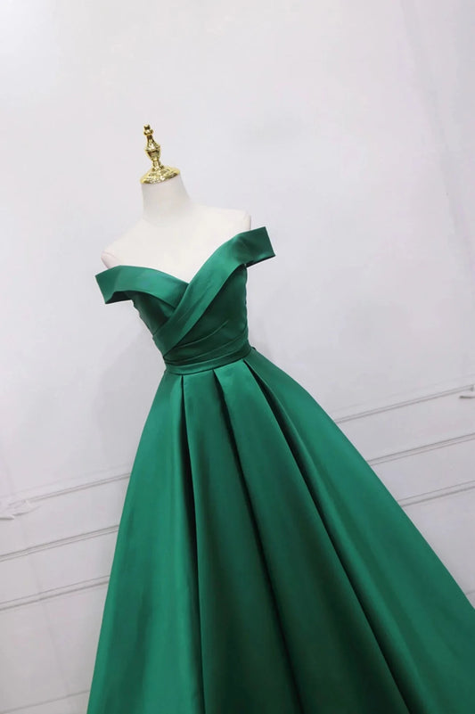 Green Satin Long A-Line Prom Dress V-Neck Off the Shoulder Evening Dress simple gentle atmospheric and unique desi Bring summer colors to enhance whitenes by YiHuiw