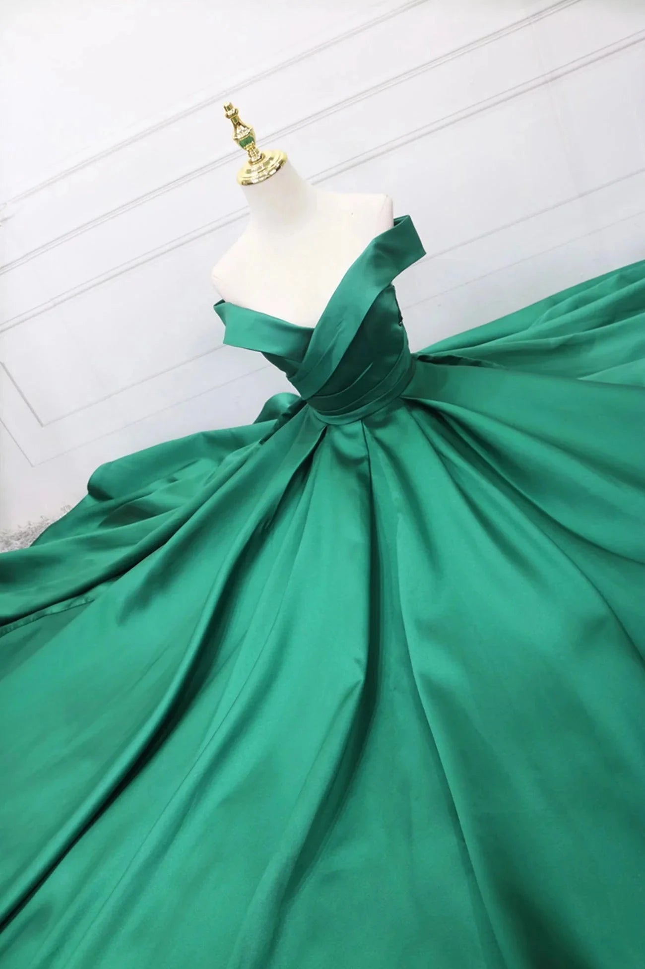 Green Satin Long A-Line Prom Dress V-Neck Off the Shoulder Evening Dress simple gentle atmospheric and unique desi Bring summer colors to enhance whitenes by YiHuiw