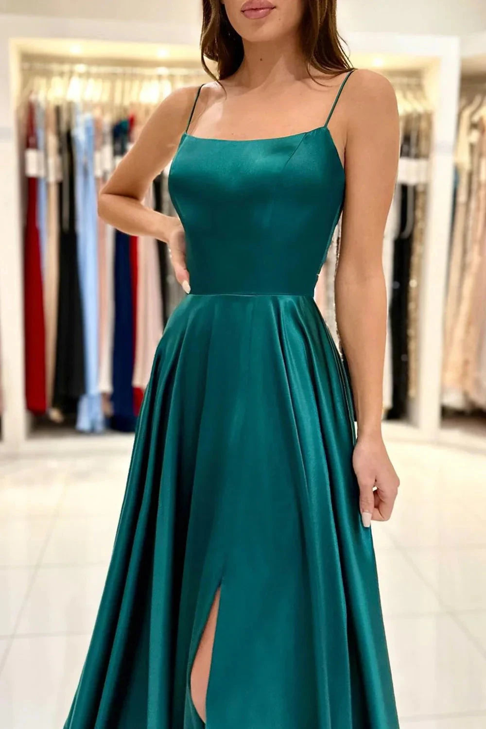 Green Satin Long Prom Dress Simple A-Line Evening Dress simple gentle atmospheric and unique desi Bring summer colors to enhance white by YiHuiw