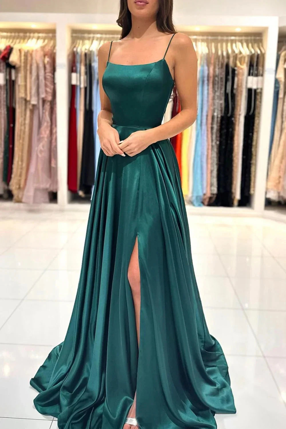 Green Satin Long Prom Dress Simple A-Line Evening Dress simple gentle atmospheric and unique desi Bring summer colors to enhance white by YiHuiw