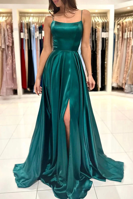 Green Satin Long Prom Dress Simple A-Line Evening Dress simple gentle atmospheric and unique desi Bring summer colors to enhance white by YiHuiw