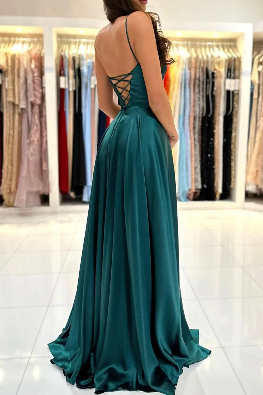 Green Satin Long Prom Dress Simple A-Line Evening Dress simple gentle atmospheric and unique desi Bring summer colors to enhance white by YiHuiw