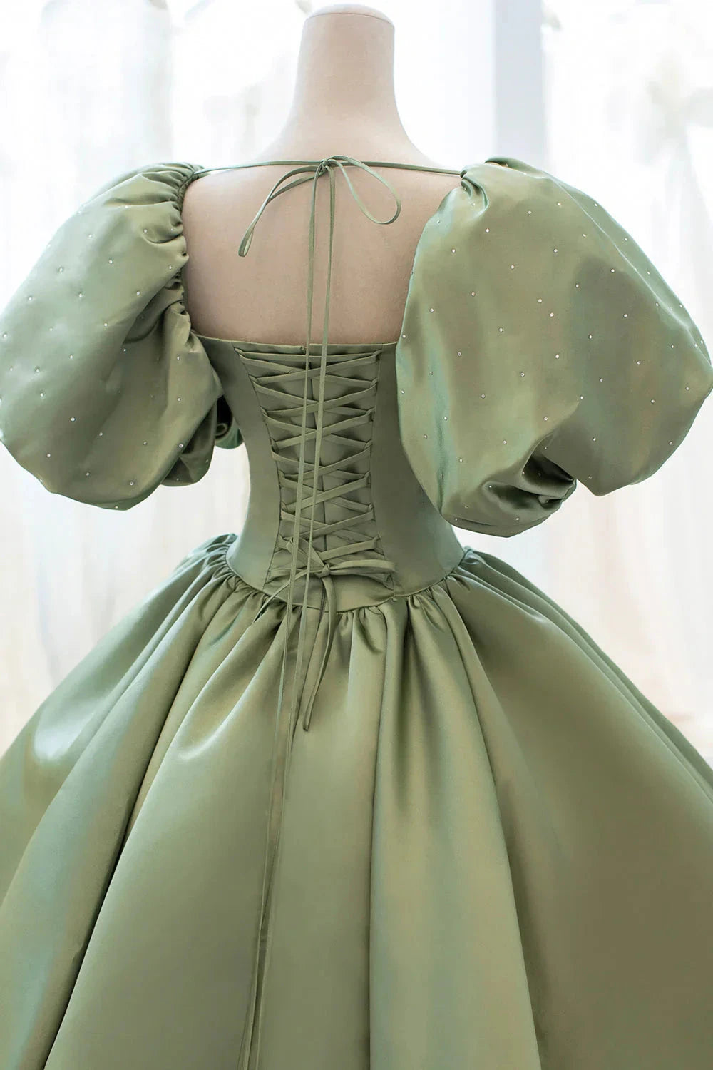 Green Satin Puff Sleeves Long Prom Dress Green A-Line Formal Dress simple gentle atmospheric and unique desi Bring summer colors to enhance white by YiHuiw