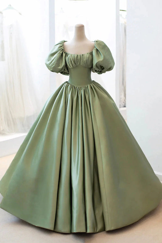 Green Satin Puff Sleeves Long Prom Dress Green A-Line Formal Dress simple gentle atmospheric and unique desi Bring summer colors to enhance white by YiHuiw