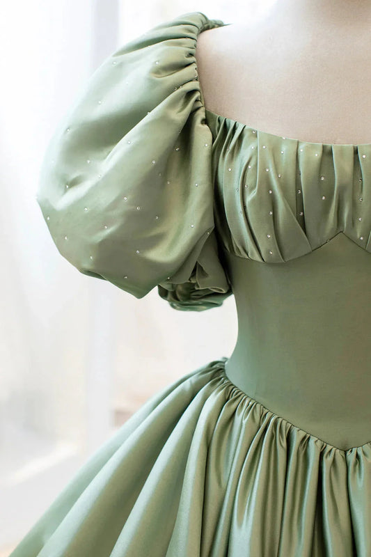 Green Satin Puff Sleeves Long Prom Dress Green A-Line Formal Dress simple gentle atmospheric and unique desi Bring summer colors to enhance white by YiHuiw