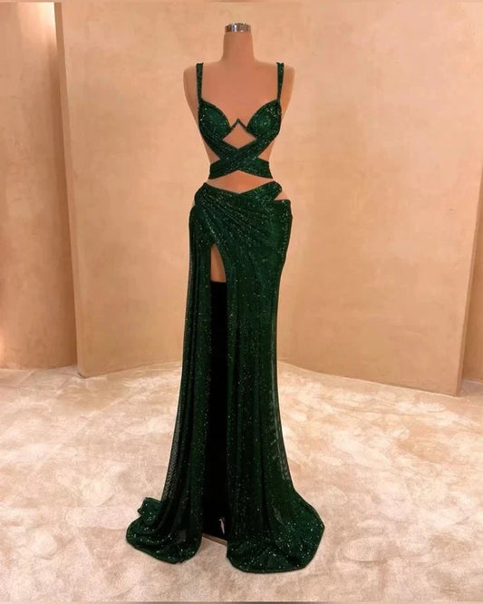 Green Sexy Elegant Waist-baring Long Satin Prom Dress Evening Dress simple gentle atmospheric and unique desi Bring summer colors to enhance whiteness by YiHuiw
