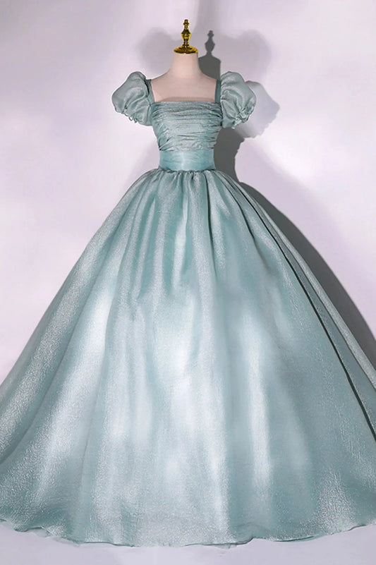 Green Tulle Long A-Line Prom Dress Cute Short Sleeve Evening Party Dress simple gentle atmospheric and unique desi Bring summer colors to enhance whitenes by YiHuiw
