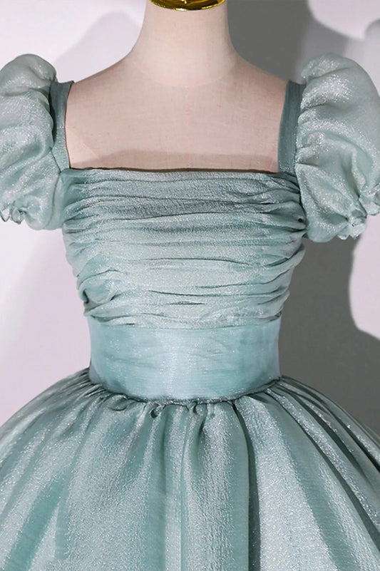 Green Tulle Long A-Line Prom Dress Cute Short Sleeve Evening Party Dress simple gentle atmospheric and unique desi Bring summer colors to enhance whitenes by YiHuiw