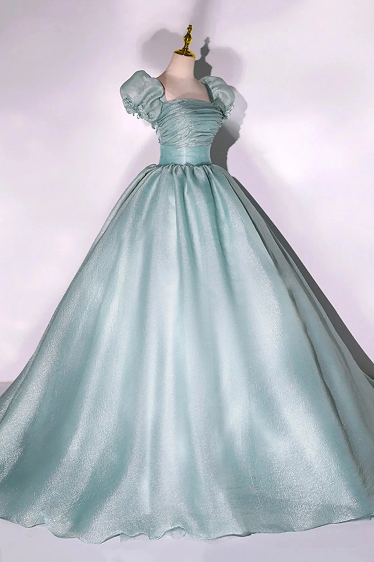 Green Tulle Long A-Line Prom Dress Cute Short Sleeve Evening Party Dress simple gentle atmospheric and unique desi Bring summer colors to enhance whitenes by YiHuiw