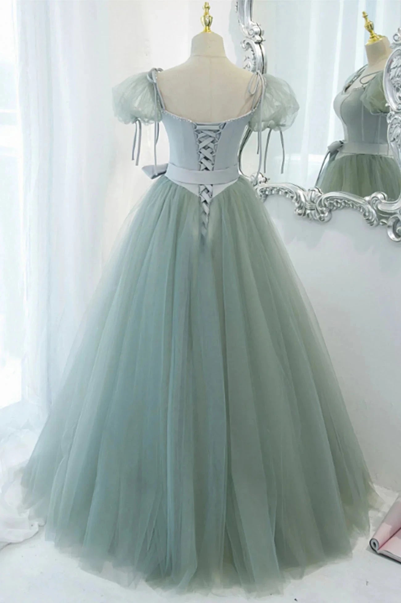 Green Tulle Long A-Line Prom Dress Cute Short Sleeve Graduation Dress simple gentle atmospheric and unique desi Bring summer colors to enhance whitenes by YiHuiw