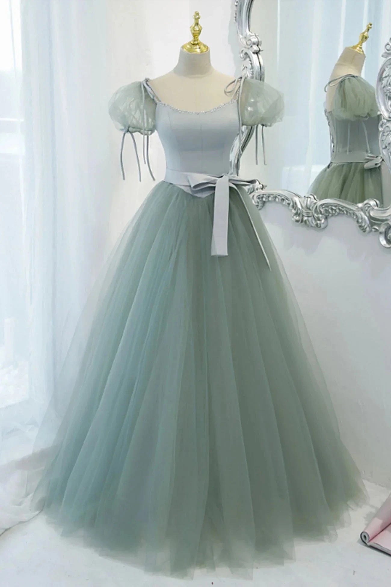 Green Tulle Long A-Line Prom Dress Cute Short Sleeve Graduation Dress simple gentle atmospheric and unique desi Bring summer colors to enhance whitenes by YiHuiw