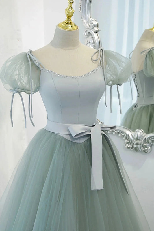 Green Tulle Long A-Line Prom Dress Cute Short Sleeve Graduation Dress simple gentle atmospheric and unique desi Bring summer colors to enhance whitenes by YiHuiw